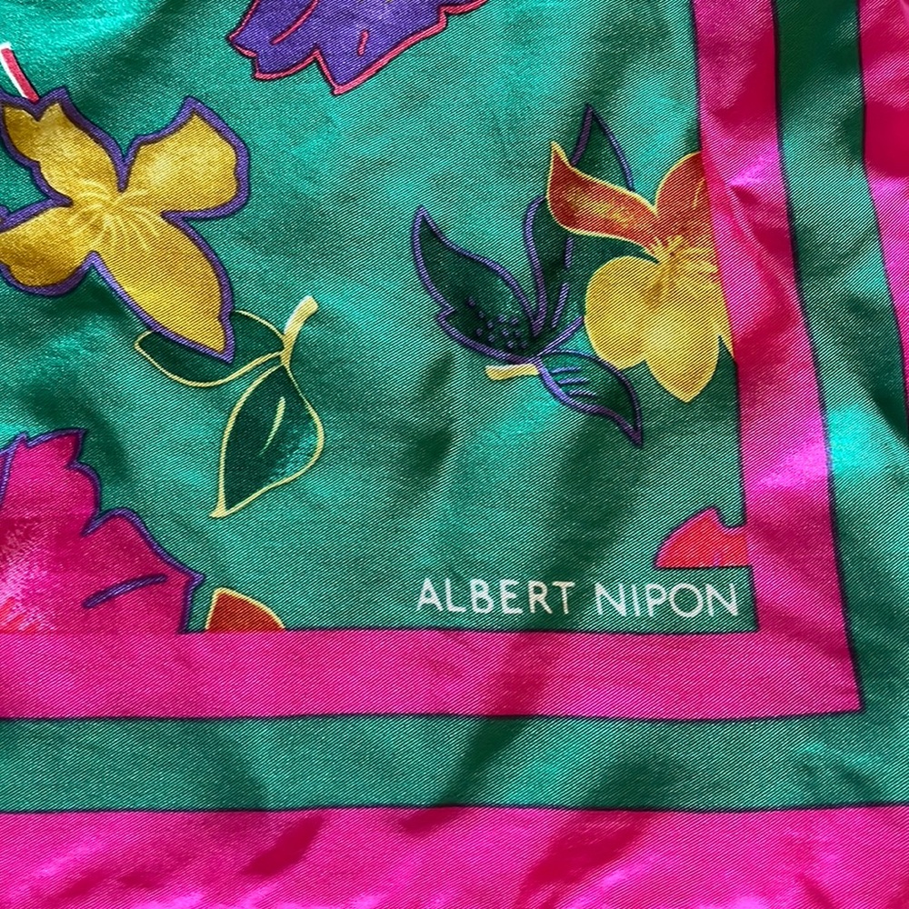 Albert Nipon Vintage Square Scarf 100% Silk Floral Colors Green/Pink/purple
